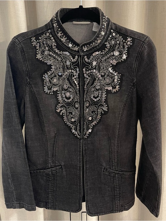 Chico's Jackets & Blazers - Chico's Black Embellished Denim Jacket with Silver Sequin Detail